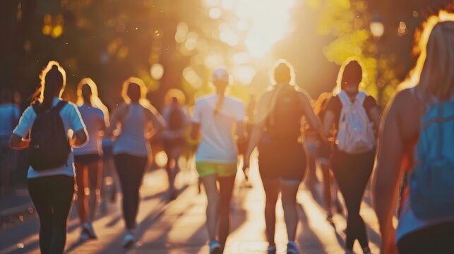 diverse group of people participating in charity walk or run for world health day blurred background