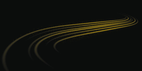 Abstract light lines of high speed motion with sparkles, golden colors. Glowing curve, speed line. Abstract movement. Dynamic traces.