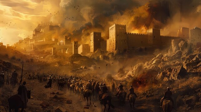 dramatic depiction of the battle of jericho with collapsing walls as israelites march digital painting