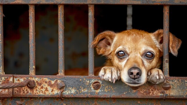 Abandoned stray dog in shelter cage  seeking adoption, rescue, and care for homeless pets