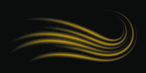 Abstract light lines of high speed motion with sparkles, golden colors. Glowing curve, speed line. Abstract movement. Dynamic traces.