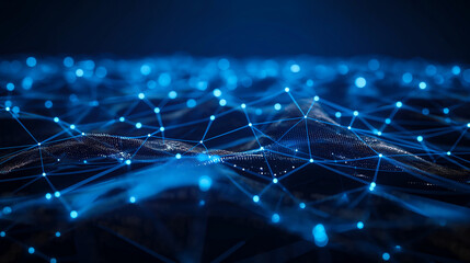 A digital illustration  Futuristic Network: Glowing Blue Nodes and Geometric Connections