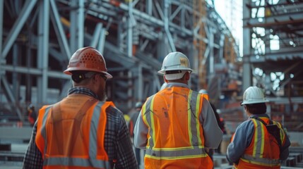 Workers in hard hats bustle around their bright vests standing out against the backdrop of the stadiums steel structure.