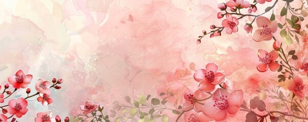 Delicate cherry blossom branches with watercolor pink background, spring nature concept