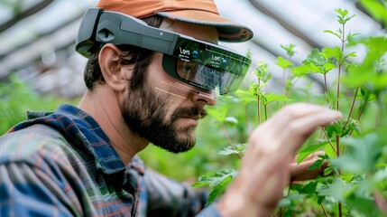 Farmer Analyzing Crop Growth Data with Augmented Reality Glasses