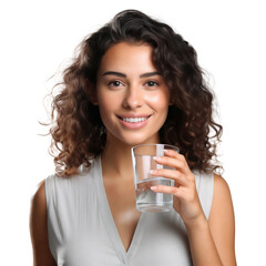 Smiling woman holding a glass of water, drinking water, isolated on transparent background © The Stock Guy