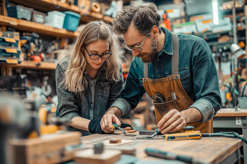 Fototapeta premium Home Workshop: Couple Crafting Cupboards in DIY Project