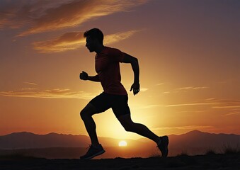 Silhouette of a running man in the evening at sunset.