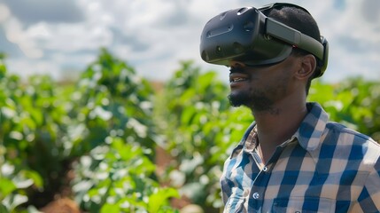 Farmer Utilizing VR Headset for Crop Layouts and Farm Management