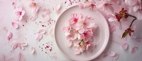 An  banner with cherry blossoms, a top view.