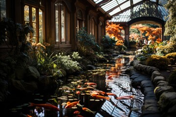 Winter Garden with Lake, Nuclefares and Color Fish., generative IA