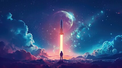 Obraz premium universe space podium background illustration astronaut rocket, planet moon, exploration celestial universe space podium background 