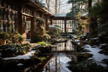 Winter garden with waterfall, rolled stones and zen decoration., generative IA