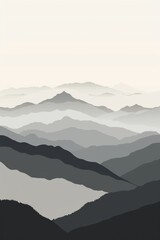 A minimalist digital art image featuring a mountain range shrouded in mist, with a soft, light background.