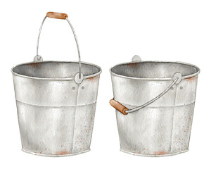 A set of two rustic iron buckets with rust. The handle is lowered and raised. Watercolor Farmhouse style illustration. Isolated clipart for design © Eva Gentle