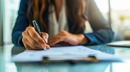 Businesswoman signs documents with a pen. Woman reading and signing contract. Deal. Lawyer,...