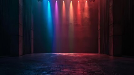 empty stage illuminated by colorful lights on dark floor ready for performance concept photo