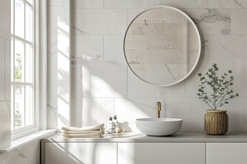 A bathroom with a white sink and a framed white picture on the wall