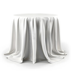 Table with white tablecloth mock up isolated on white background