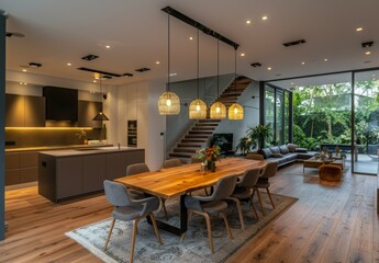 A stylish dining area with a large wooden table, designer chairs, and an open plan layout that leads to a modern kitchen