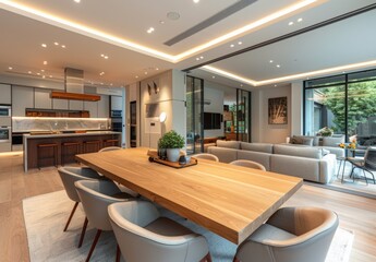 A stylish dining area with a large wooden table, designer chairs, and an open plan layout that leads to a modern kitchen