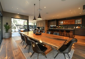 A stylish dining area with a large wooden table, designer chairs, and an open plan layout that leads to a modern kitchen