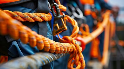 A closeup of a harness and rope system designed to protect workers from falls while working at heights.