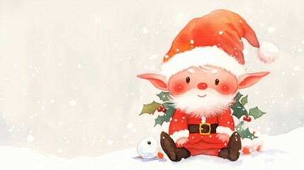 A charming watercolor illustration of a cute little Christmas elf Santa set against a snowy white background