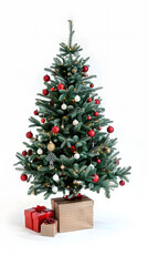 Decorated Christmas tree with gifts isolated on white background