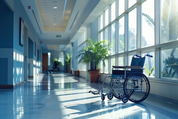 A blue wheelchair is parked in a hallway at hospital