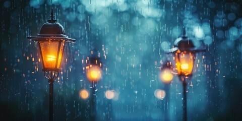ainy Street Lights A minimalistic scene with blurred street lights through the rain, creating a moody atmosphere with generous copyspace