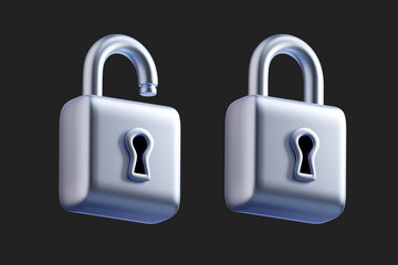 3d silver unlocked and locked padlock icons isolated on black background. Render minimal cartoon padlock with keyhole. Confidentiality, privacy and security concept. 3d rendering