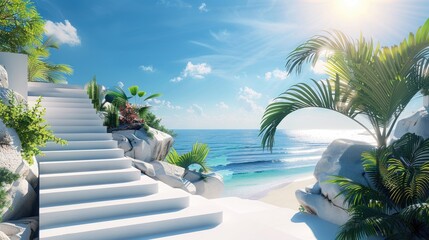 Fototapeta premium Staircase leading to pool with breathtaking view of ocean. Perfect for luxury resorts, beachfront properties, and vacation destinations.