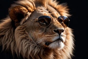 portrait of a menacing tiger wearing sunglasses, isolated on a black background