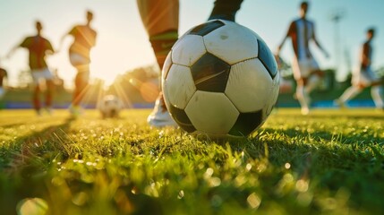 The  is manipulating a soccer player in action, kicking the ball on the field of the stadium.