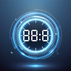 A futuristic digital clock light effect. A glowing silhouette of a clock representing time. Background laser blue neon clock  illustration