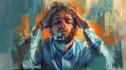 Obraz premium exhausted overworked employee with tired expression burnout and stress concept digital painting