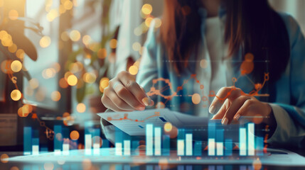 Professional Analyzing Financial Reports with Digital Graphs Overlay