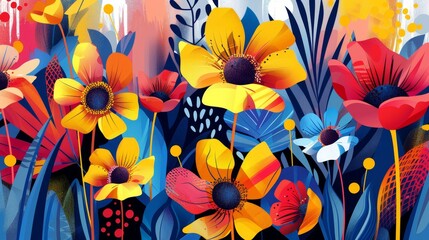 Abstract florals with bold colors and geometric patterns, modern artistic style