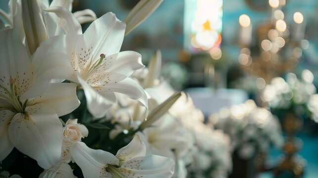 White flowers adorn the coffin, a funeral scene.