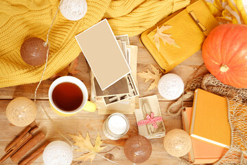 autumn Yellow Leaves, pumpkin, tea coffee in mug on table, concept of outdoor tea party, cozy autumn mood, Halloween preparation, Autumn Decor and Creativity