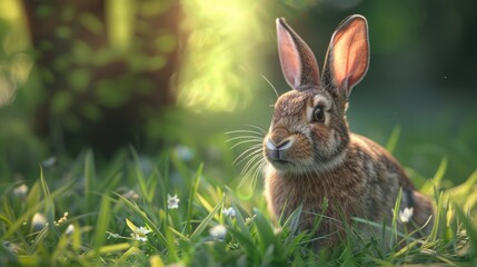 Bunny rabbit with a cute smile sitting in grass