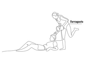 Couple celebrating ferragosto on the beach. Ferragosto concept one-line drawing