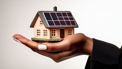 A hand holding a model house equipped with solar panels, illustrating the concepts of ecology, sustainability, and energy efficiency, set against a white background