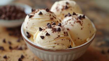 Homemade vanilla ice cream with chocolate and cookies in a bowl.  Ice Cream Sundae Made with Scoops of Cookies and Cream Ice Cream, Whipped Cream and Cookies 