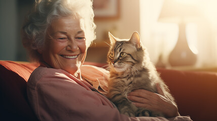 Fototapeta na wymiar An old woman smiles happily and hugs a cat lying on top of her. Gentle friendship and love for pets Friends in old age at home