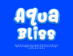 Vector playful sign Aqua Bliss. Bright White and Blue Font. Creative Alphabet Letters and Numbers set.