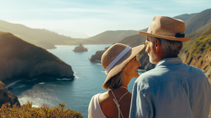 Fototapeta premium Elderly couple admiring the view from a bird's eye view of the coastal sea