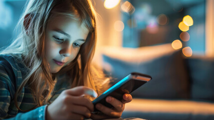 A girl using a smartphone, represents digital life, with copy space
