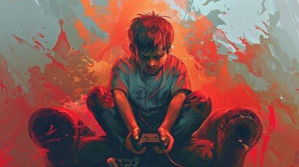 frustrated teenage boy losing in a video game portraying gaming addiction and emotional distress digital painting